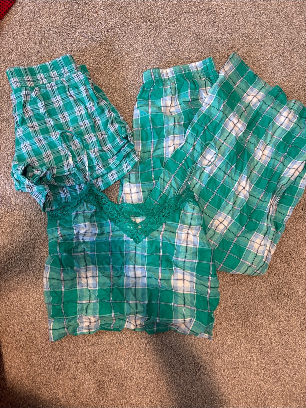 Colsie Green Plaid Girls Pajama Set with Lace Trim